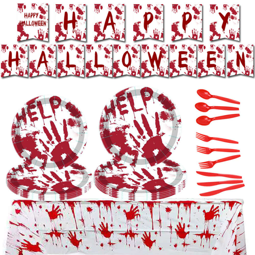 Halloween Party Bloody Hands Disposable Tableware Kits Halloween Party Decorations Supplies 82pcs